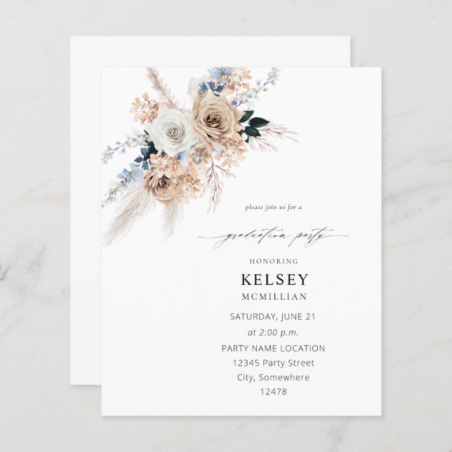 Papier Budget Blue & Beige Boho Floral Party de graduatio (Devant / Derrière)