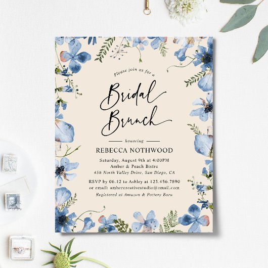 Papier Budget Blue Beige Floral Bridal Brunch Invitation