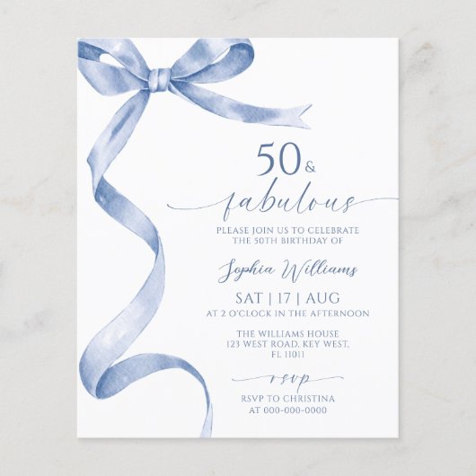 Papier Budget Blue Bow 50 & Fabuleux Anniversaire Invitat (Devant)