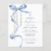 Papier Budget Blue Bow & Rosary Baptism Invitation (Devant)