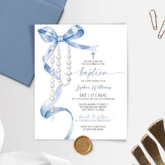 Papier Budget Blue Bow & Rosary Baptism Invitation