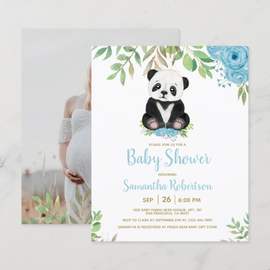 Papier Budget Blue Boy Bear Floral Baby shower Invitation (Devant / Derrière)