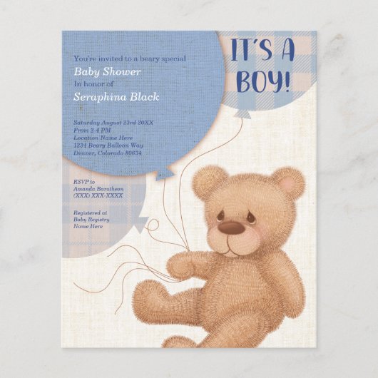 Papier BUDGET Blue Boys Teddy Bear Baby shower Invitation (Devant)
