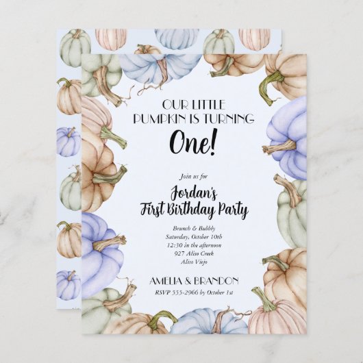 Papier Budget Blue Citrouilles Boy Invitations d'annivers (Devant / Derrière)