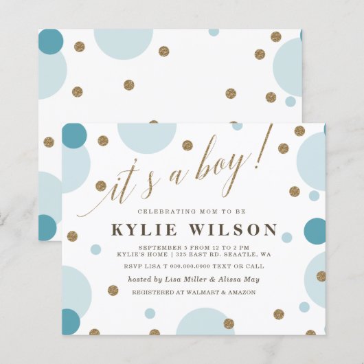 Papier Budget Blue Confetti Boy Baby shower Invitation (Devant / Derrière)