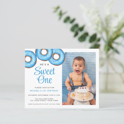Papier Budget Blue Donut Photo Boy 1er anniversaire Invit (Debout devant)