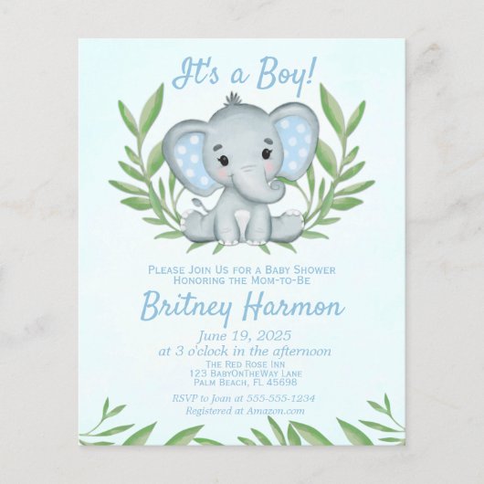 Papier Budget Blue Elephant Boy Baby shower Invitation (Devant)