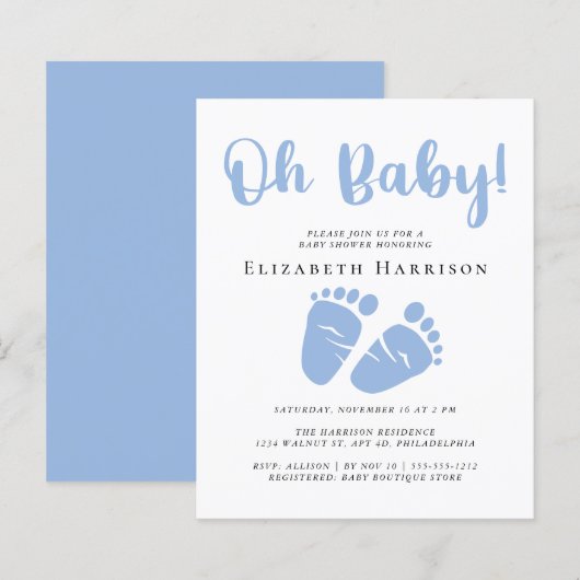 Papier Budget Blue Feet Boy Baby shower Invitation (Devant / Derrière)