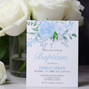 Papier Budget Blue Floral Baptême Boy Invitation