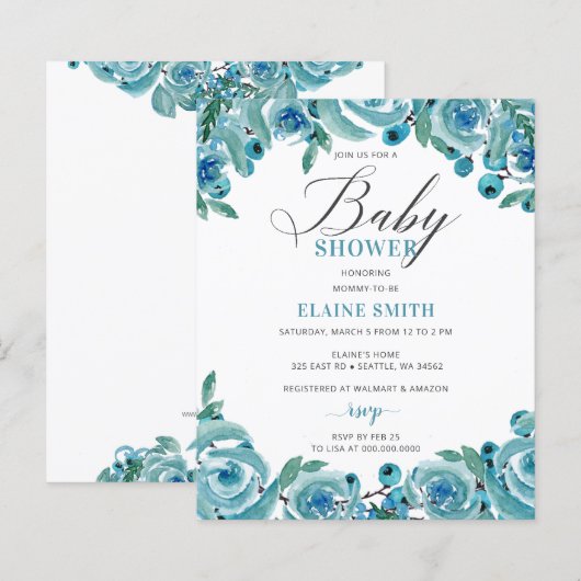 Papier Budget Blue Floral Boy Baby shower Invitation (Devant / Derrière)