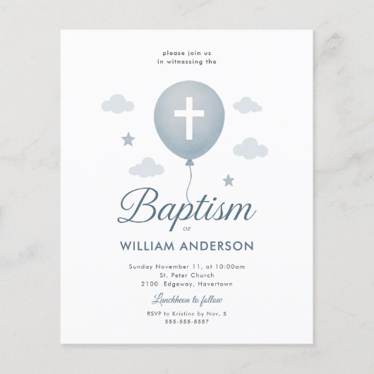 Papier Budget Blue Floral Cross Baptism Invitation (Devant)