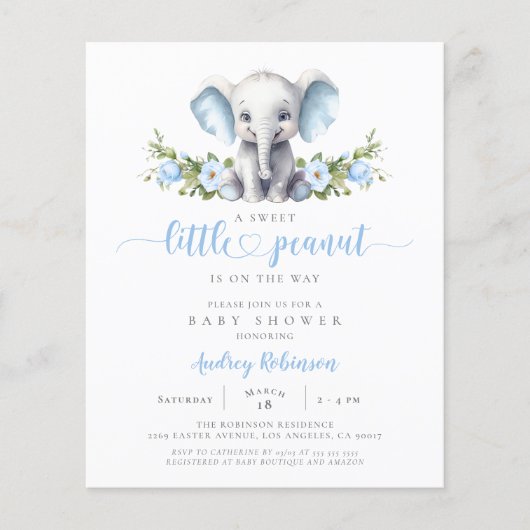Papier Budget Blue Floral Elephant Baby shower Invitation (Devant)