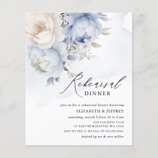 Papier Budget Blue Floral Répétition Dîner Invitations (Devant)