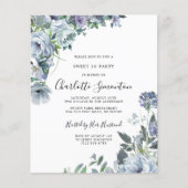 Papier Budget Blue Floral Sweet 16 Anniversaire Invitatio (Devant)