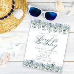 Papier Budget Blue Floral Sweet 16 Anniversaire Invitatio<br><div class="desc">Des fleurs bleues et poussiéreuses créent des bordures haut et bas sur cette élégante invitation à l'anniversaire. La calligraphie de script classique apporte une touche de beauté. Cet article fait partie de la collection florale Dusty Blue.</div>