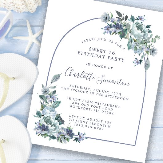 Papier Budget Blue Floral Sweet 16 Anniversaire Invitatio