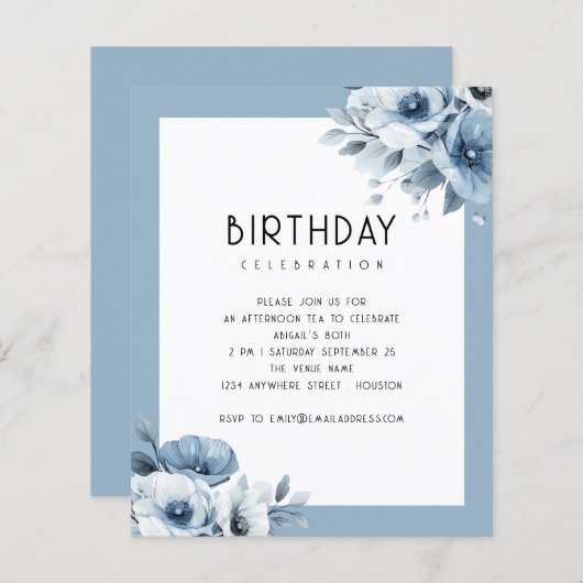 Papier Budget Blue Florals Afternoon Tea 80e anniversaire (Devant / Derrière)