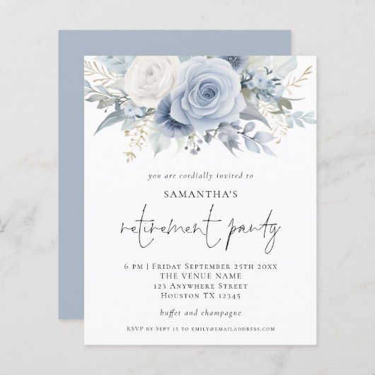 Papier Budget Blue Florals Script Retraite Invitation de  (Devant / Derrière)