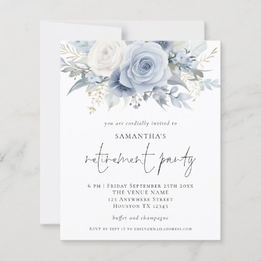 Papier Budget Blue Florals Script Retraite Invitation de  (Devant)