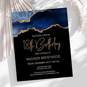 Papier Budget Blue Gold Agate 18e anniversaire Invitation