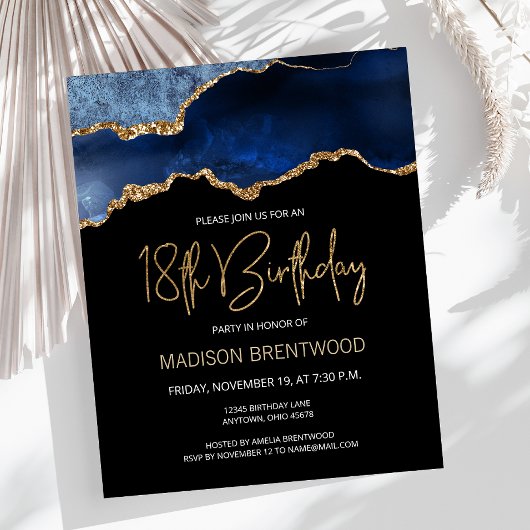 Papier Budget Blue Gold Agate 18e anniversaire Invitation