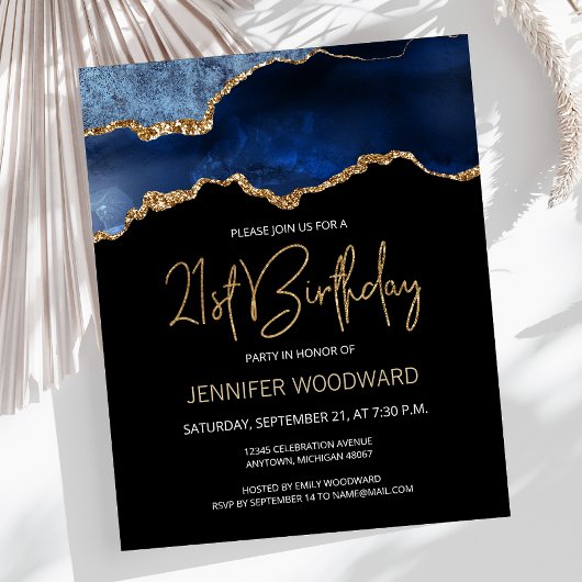 Papier Budget Blue Gold Agate 21e anniversaire Invitation