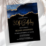 Papier Budget Blue Gold Agate 30e anniversaire Invitation<br><div class="desc">Cette invitation branchée de 30ème anniversaire présente une image aquarelle d'une géode agate dans les tons bleu avec des reflets d'or. Les mots "30th Birthday" apparaissent dans la parties scintillant en faux or dans la police d'écriture moderne décorative. Customisez-le avec le nom de l'honoré dans le texte couleur or et...</div>