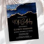 Papier Budget Blue Gold Agate 40e anniversaire Invitation<br><div class="desc">Cette invitation branchée de 40ème anniversaire présente une image aquarelle d'une géode agate dans les tons bleu avec des reflets d'or. Les mots "40th Birthday" apparaissent dans la parties scintillant en faux or dans la police d'écriture moderne décorative. Customisez-le avec le nom de l'honoré dans le texte couleur or et...</div>