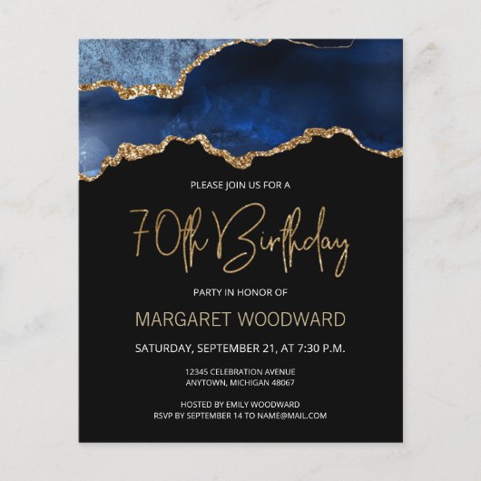 Papier Budget Blue Gold Agate 70e anniversaire Invitation (Devant)