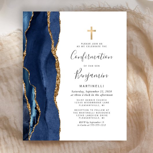 Papier Budget Blue Gold Agate Confirmation Invitation