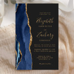 Papier Budget Blue Gold Agate Dark Faire-part de mariage<br><div class="desc">Le bord gauche de cette élégante faire-part de mariage moderne est orné d'une bordure en aquarelle bleu marine ornée d'une parties scintillant en faux or. Le texte personnalisable combine écriture manuscrite couleur or, cuivre et polices italiques sur un arrière - plan non noir. L'envers est assorti d'un design d'agate bleu...</div>