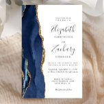 Papier Budget Blue Gold Agate Moderne Faire-part de maria<br><div class="desc">Le bord gauche de cette élégante faire-part de mariage moderne est orné d'une bordure en aquarelle bleu marine ornée d'une parties scintillant en faux or. Le texte personnalisable combine écriture manuscrite, copperplate et polices italiques en gris fusain sur un arrière - plan blanc. L'envers est assorti d'un design d'agate bleu...</div>
