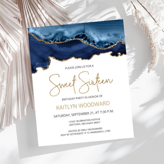 Papier Budget Blue Gold Agate Sweet 16 Invitation