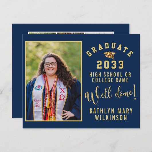 Papier BUDGET Blue Gold Script 4 Photo GRAD Faire-part (Devant / Derrière)