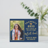 Papier BUDGET Blue Gold Script 4 Photo GRAD Faire-part (Debout devant)