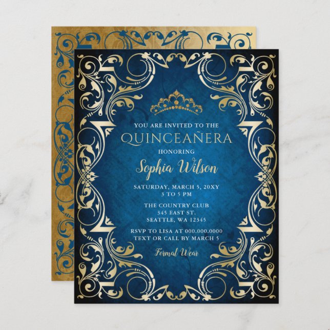 Papier Budget Blue Gold Tiara Quinceañera Invitation (Devant / Derrière)