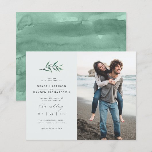 Papier Budget Blue Green Branch Mariage Photo Invitation (Devant / Derrière)