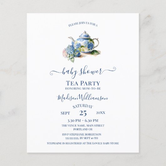 Papier Budget Blue Hydrangea Baby shower Tea Party (Devant)