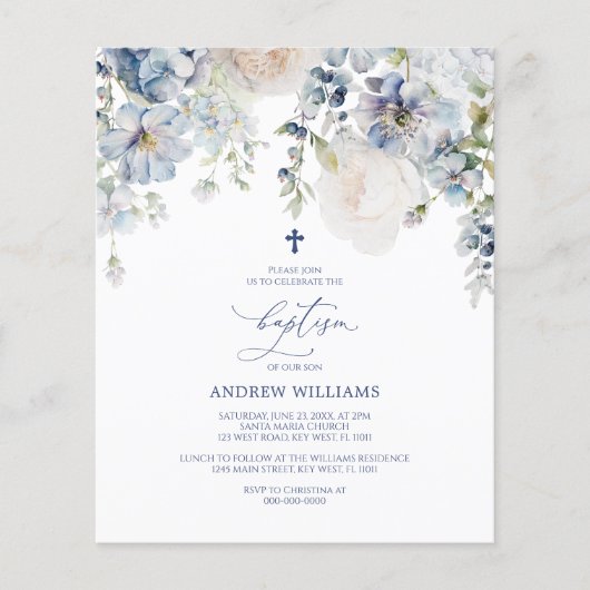 Papier BUDGET Blue Hydrangea & Rose Baptême Invitation (Devant)