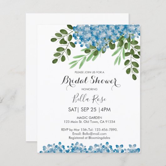 Papier Budget Blue Hydrangeas nuptiale douche Invitation (Devant / Derrière)