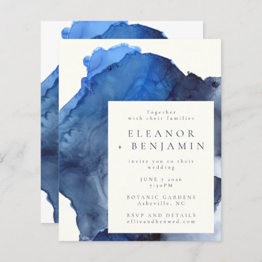 Papier Budget Blue Indigo Abstrait Mariage d'aquarelle (Devant / Derrière)