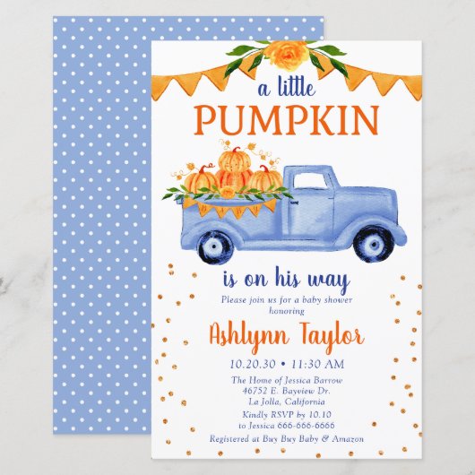 Papier Budget Blue Little Citrouille Baby shower Invitati (Devant / Derrière)