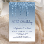 Papier Budget Blue Parties scintillant Drip 50th Birthday<br><div class="desc">Cette prestigieuse invitation à la fête du 50e anniversaire comporte une bordure brillante bleue imitant la parties scintillant et un arrière - plan bleu sombre. L'année d'anniversaire modifiable et le nom de l'invité d'honneur apparaissent dans le script d'écriture décontracté bleu, avec le reste du texte personnalisable en bleu sans serif...</div>
