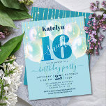 Papier Budget Blue Parties scintillant Sweet 16 Ballons I<br><div class="desc">"Bonne Douce 16". Faites-nous parvenir cette invitation à une soirée budget unique, simple, festive, moderne et personnalisée pour un événement à retenir. La typographie turquoise, graphique, gravée et manuscrite recouvre une parties scintillant bleue turquoise "16", des ballons bleu aqua et des lampes à cordes brillantes d'or sur un arrière -...</div>