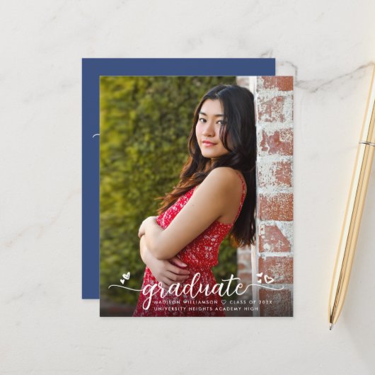 Papier Budget Blue Photo Graduation Script Invitation (Devant/Arrière en situation)