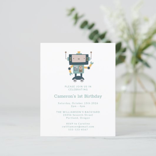 Papier Budget Blue Robot Simple 1er anniversaire Invitati (Debout devant)