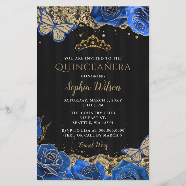 Papier Budget Blue Rose Black Gold Quinceañera Invitation (Devant)