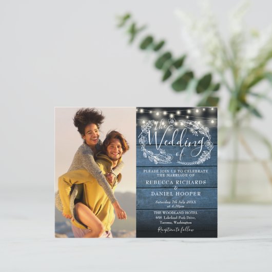 Papier Budget Blue Rustic Wood 2 Photo Wedding Invitation (Debout devant)
