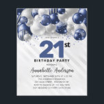 Papier Budget Blue Silver Balloon Parties scintillant 21e<br><div class="desc">Glam Moderne Marine Bleu Balloon Argent Parties scintillant Étincelle N'importe quel âge Anniversaire Invitation</div>