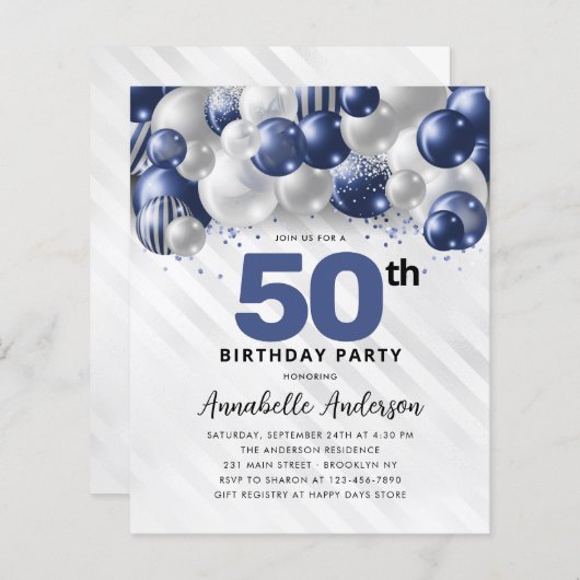 Papier Budget Blue Silver Balloon Parties scintillant 50e (Devant / Derrière)